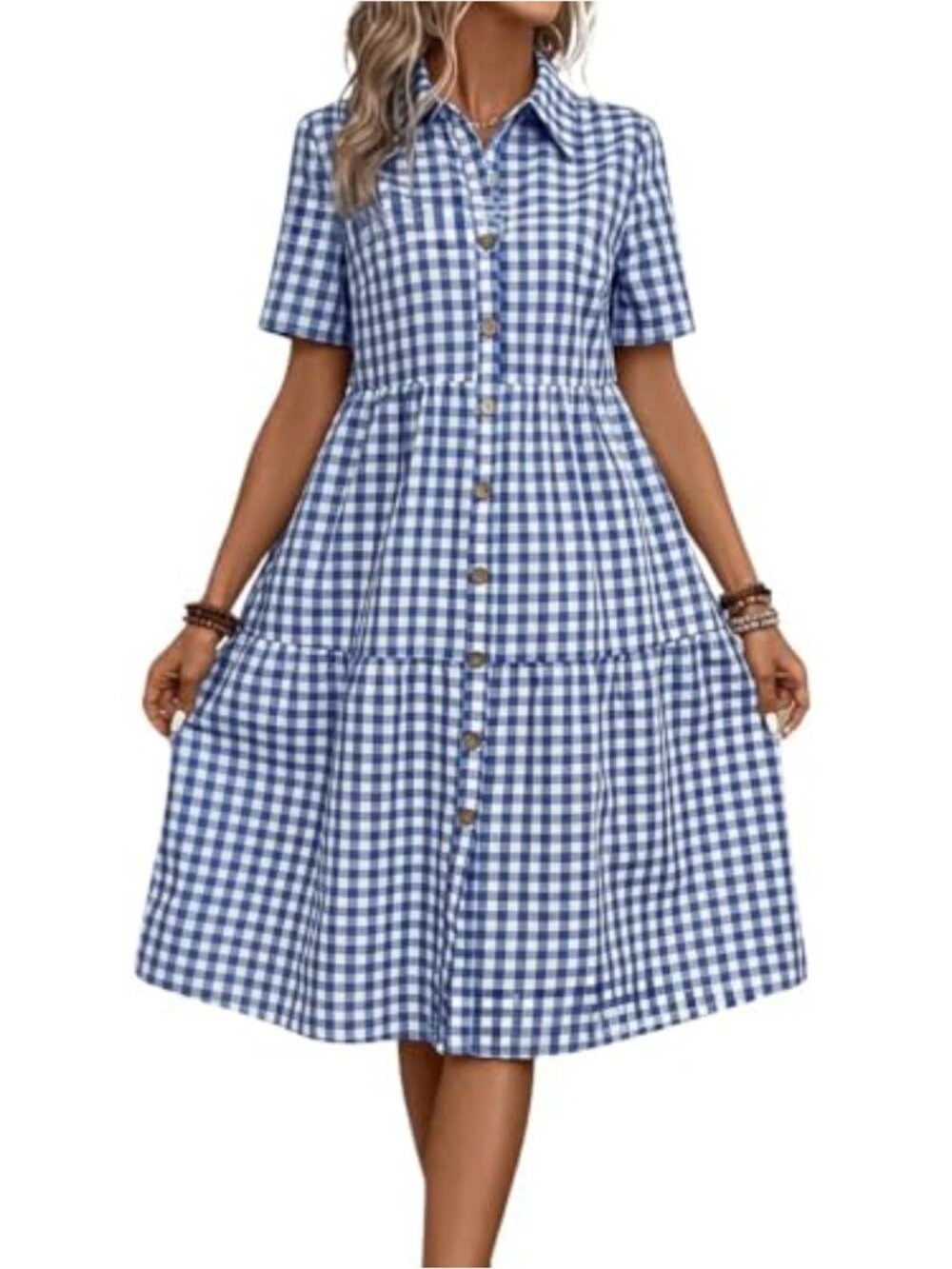 Women's Plaid Button Down Shirt Dress Short Sleeve A-line Midi with Pockets